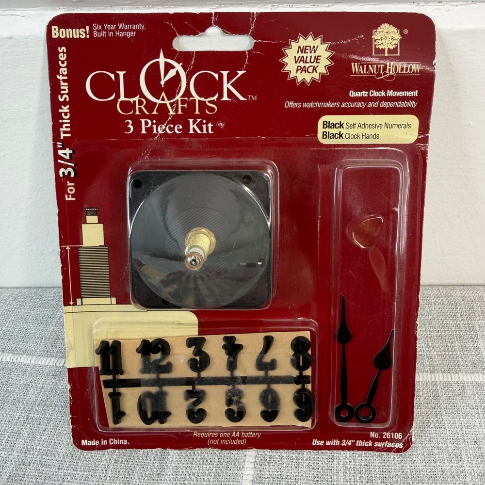 Walnut Hollow Clock‎ 3-Piece Kit .25" Surface Quartz Clock Movement Black 26106